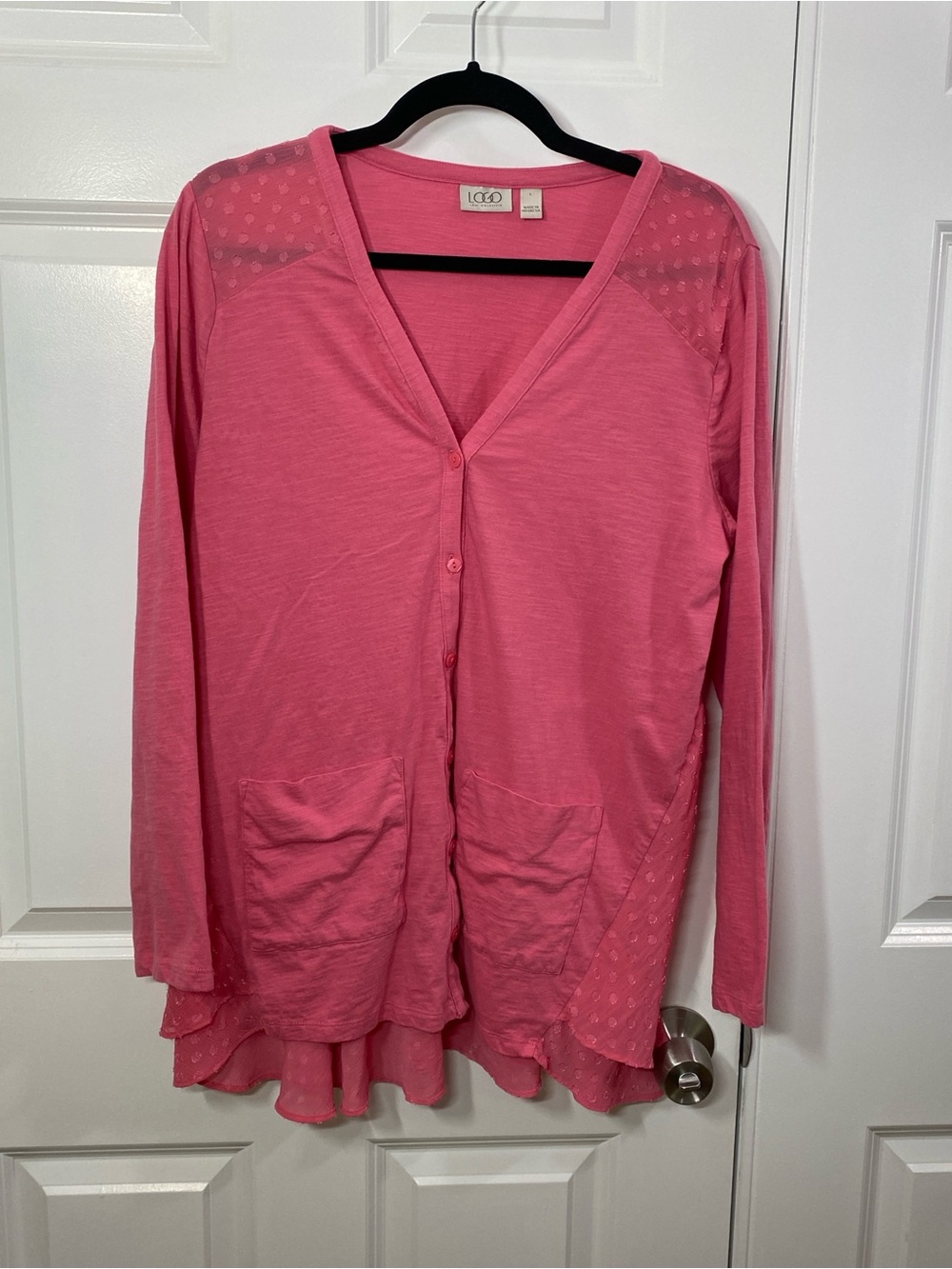 LOGO by Lori Goldstein Pink V-Neck Button Cardigan